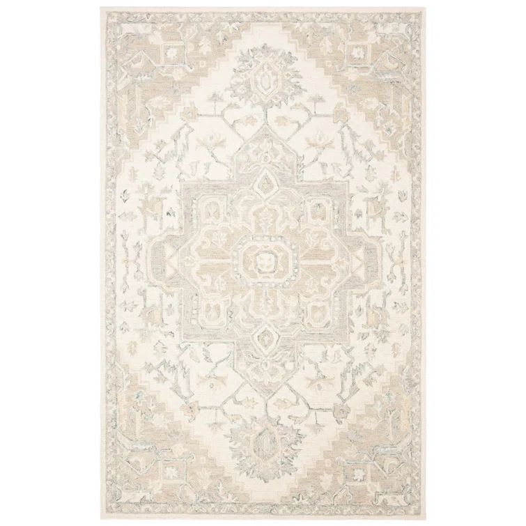 Ivory and Beige Wool Medallion Tufted Runner Rug 2'6"x4'0"