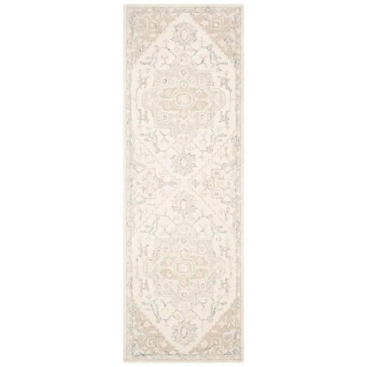 Ivory and Blue Wool Handmade Medallion Runner Rug