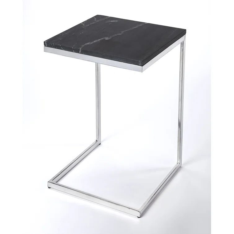 Black Marble Top Silver Metal C-Shaped End Table