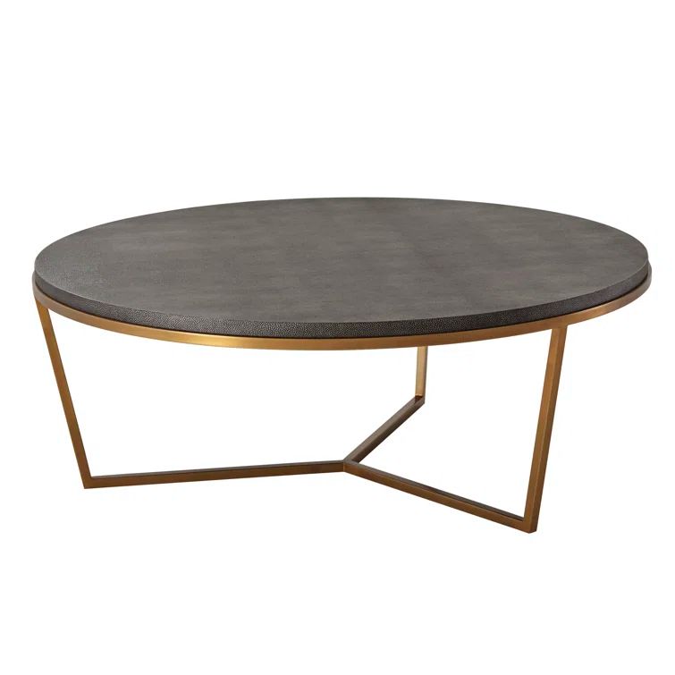 Round Dark Gray Leather and Gold Metal Coffee Table