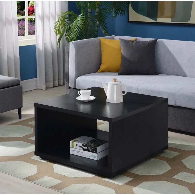 Modern Square Black Coffee Table with Storage Shelf
