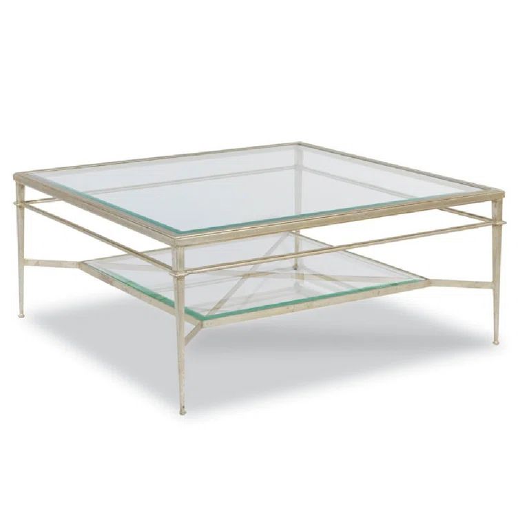 Antique Brass Square Glass Cocktail Table with Lower Shelf