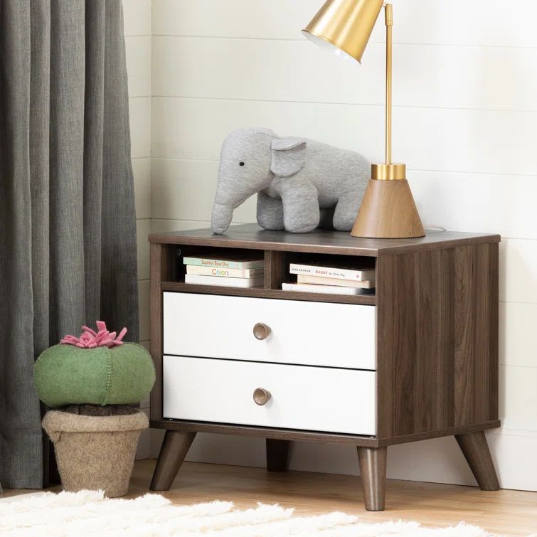 Natural Walnut and White 2-Drawer Scandinavian Nightstand