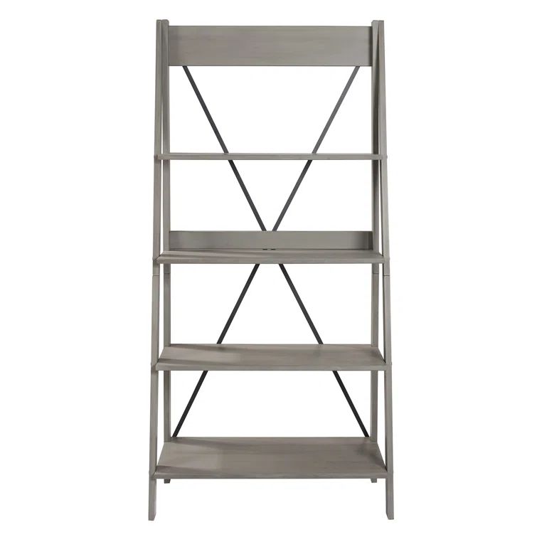 Gray Pine Wood 68" Ladder Bookshelf with Metal X-Back