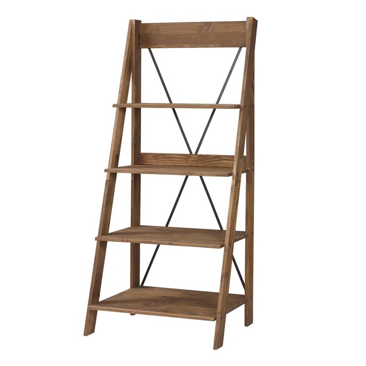 Pine Wood 68'' Brown Ladder Bookshelf with Metal X Design