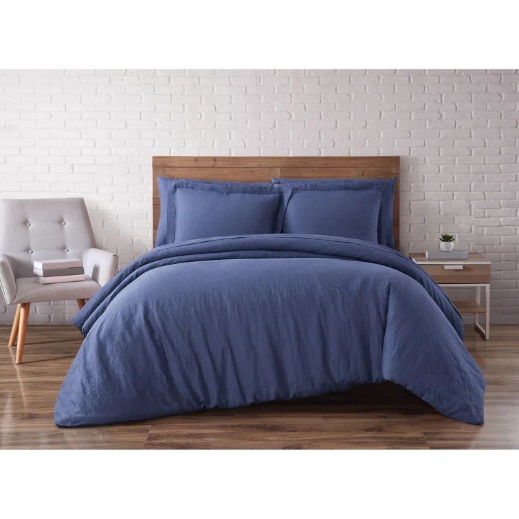 Navy Full/Queen Linen 3-Piece Duvet Cover Set