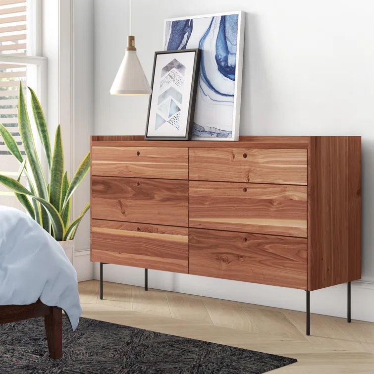 Rustic Walnut Mid-Century Double Dresser with Soft Close Drawers