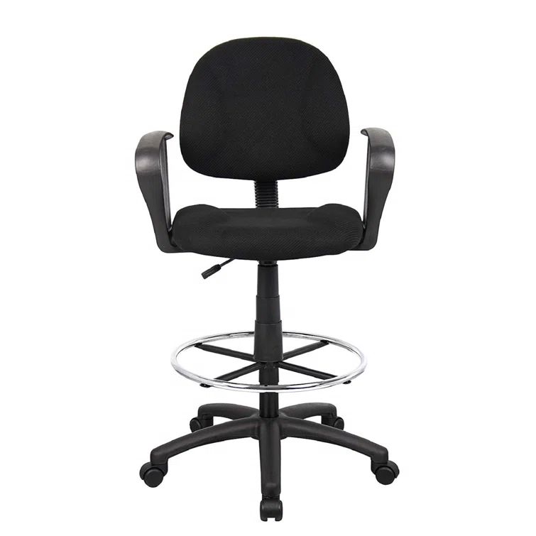 Black Tweed Ergonomic Adjustable Swivel Drafting Chair with Fixed Arms