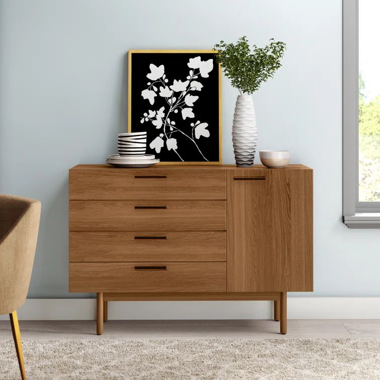 Shale Walnut 4-Drawer/1-Door Credenza Sideboard with Leather Pulls