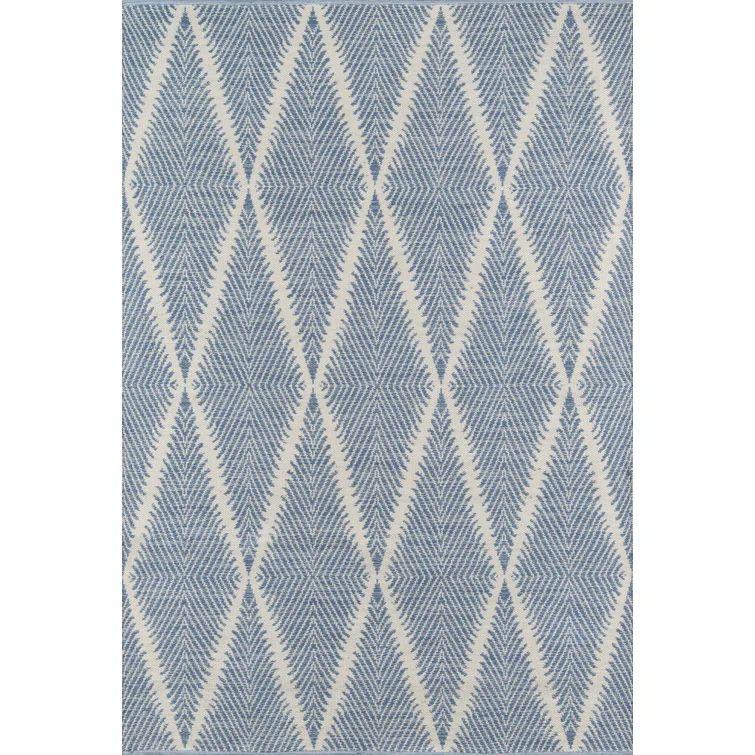 Denim Blue Striped Diamond 5' x 7' Handwoven Wool Blend Rug