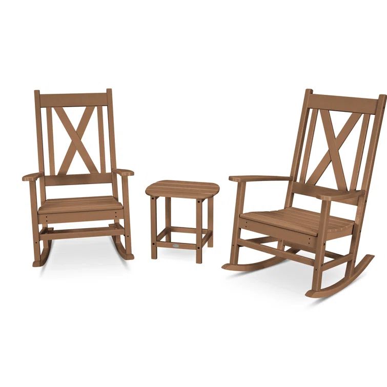 Braxton Teak Cross Back 3-Piece Porch Rocking Chair Set
