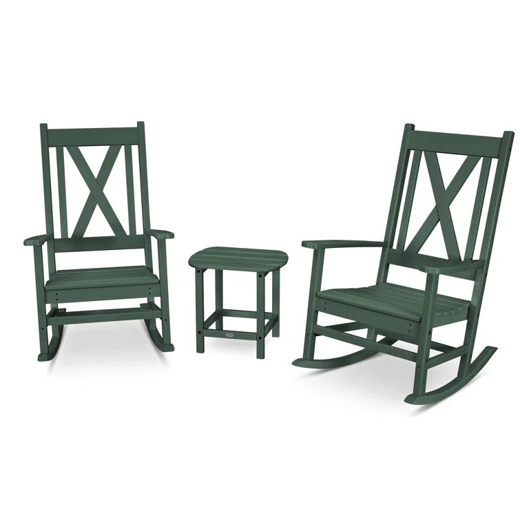 Braxton Cross-Back Green 3-Piece Porch Rocking Chair Set