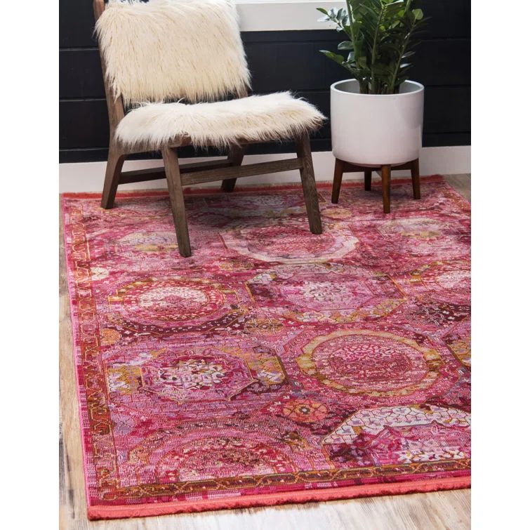 Pink Geometric Stain-Resistant Synthetic Area Rug