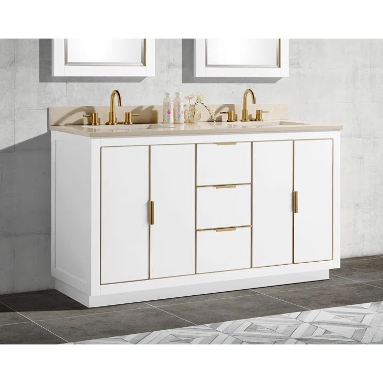Austen 60'' White Solid Wood Double Vanity with Marble Top and Gold Trim