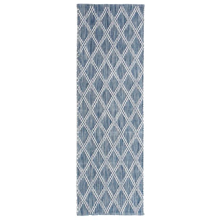 Indigo and White Diamond Pattern Hand-Woven Synthetic Rug