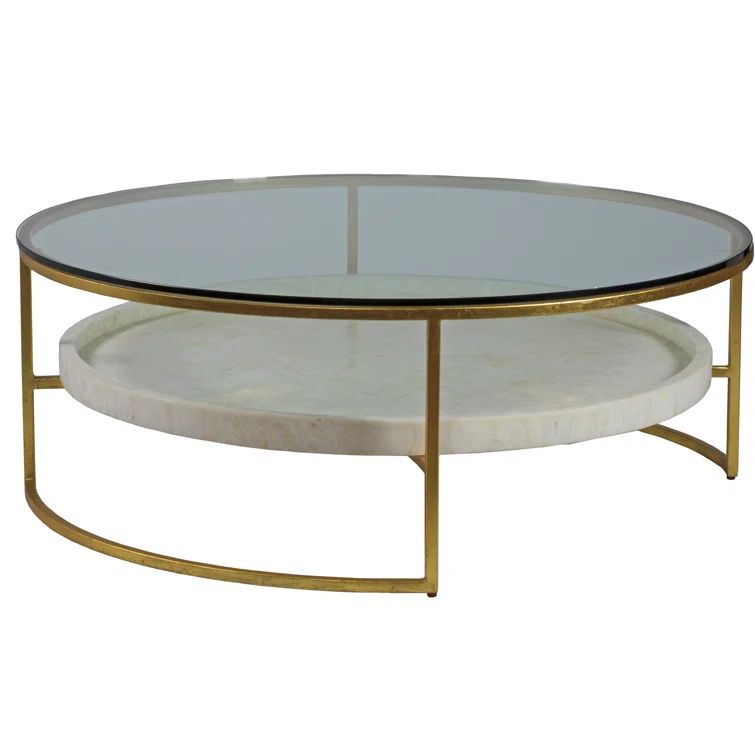 Large Round Gold Foil Iron Cocktail Table with Glass Top