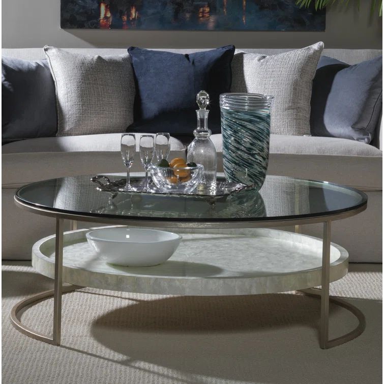 Modern Silver-White Round Glass Cocktail Table with Capiz Starburst