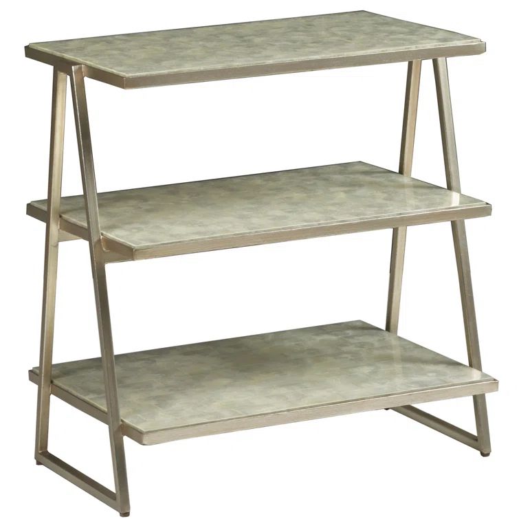 Silver and White Triangular Glass and Metal Tier Table