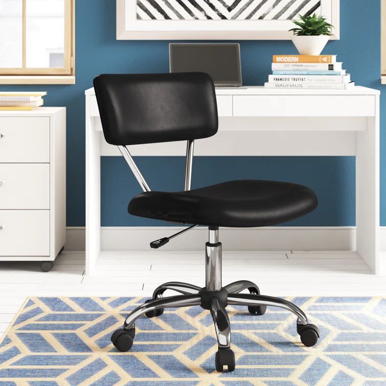 Black Vinyl Armless Swivel Task Chair with Silver Frame