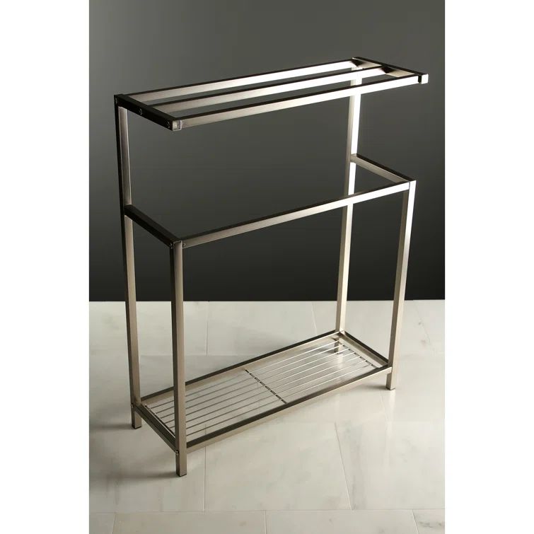 Brushed Nickel Freestanding Iron Towel Rack with Shelf