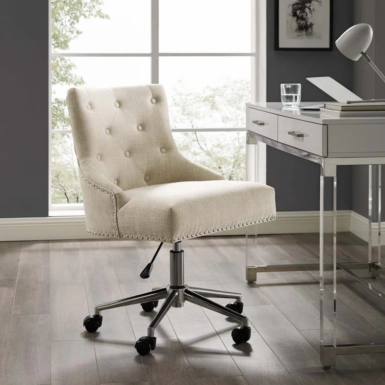Beige Polyester Blend Swivel Office Chair with Chrome Base