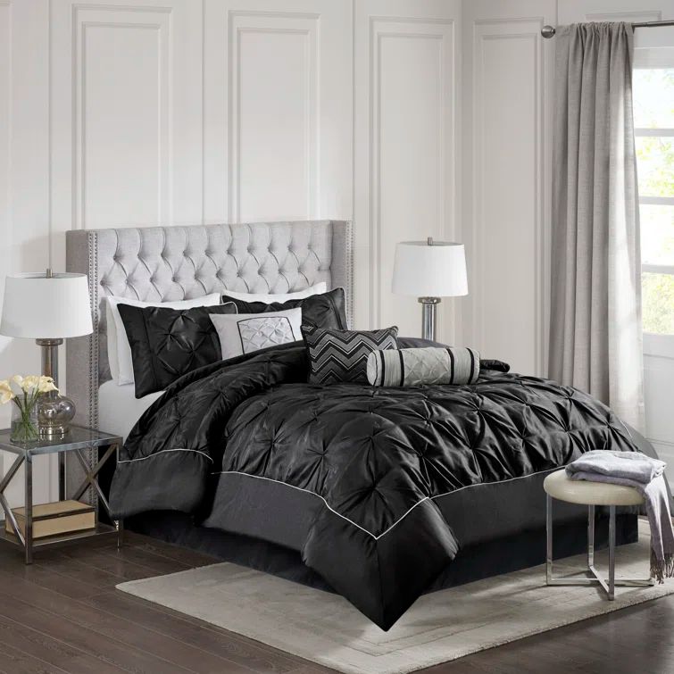 King Black Microfiber Pintuck Comforter Set with Decorative Pillows