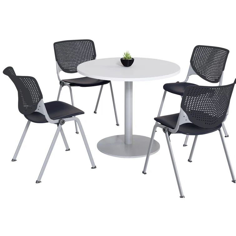 White Round Pedestal Table Set with 4 Black Stacking Chairs