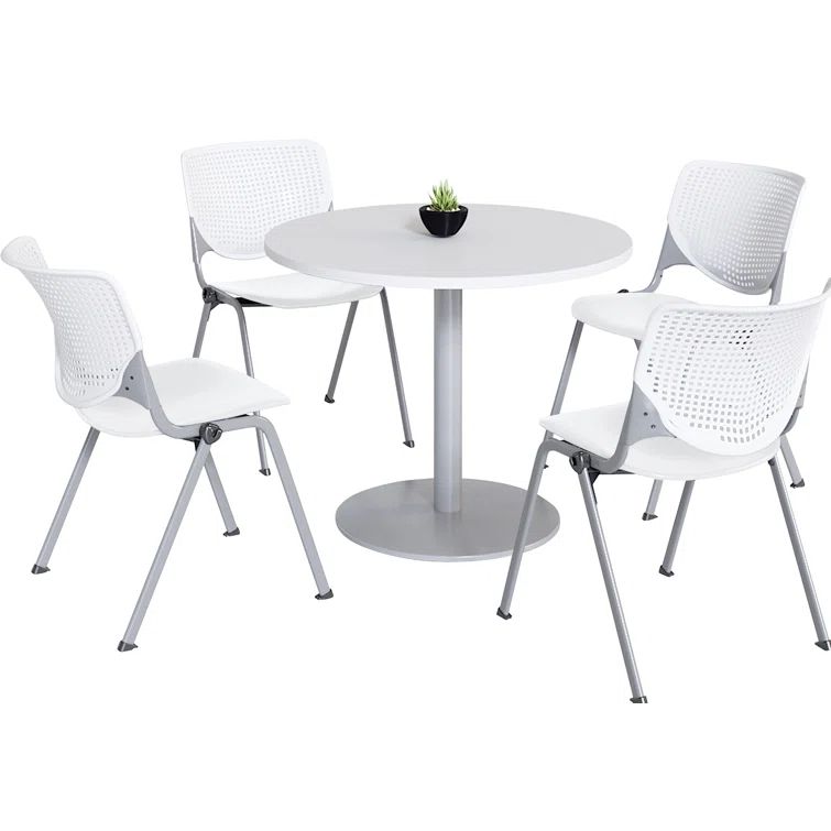 White and Gray Steel Round Table Set with 4 Polypropylene Chairs