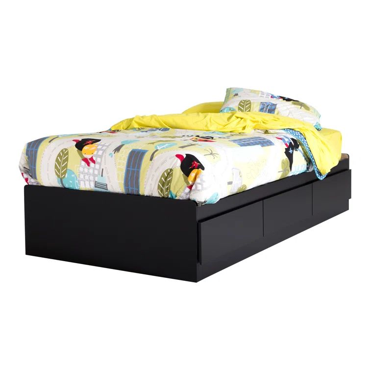 Pure Black Twin Wood Platform Bed with 3 Drawers