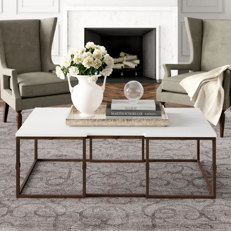 52'' Antique Textured Gold Metal and White Seagrass Outdoor Coffee Table