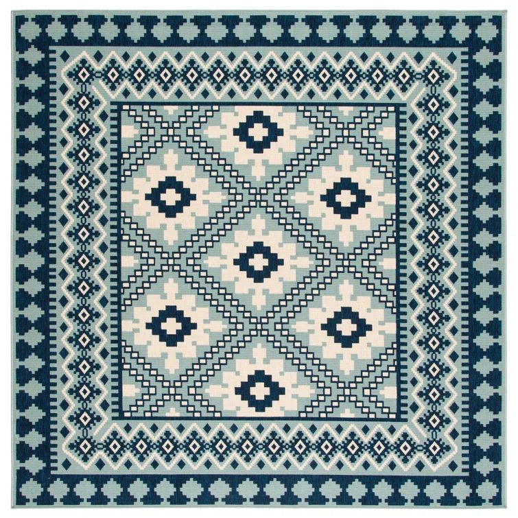 Ivory and Blue Square Synthetic Southwestern Rug