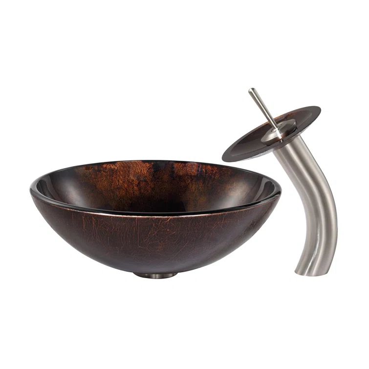 Dark Brown Glass Circular Vessel Sink with Satin Nickel Faucet