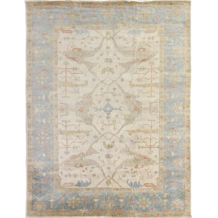 Hand-Knotted Ivory and Blue Wool Oriental Rug, 10' x 14'