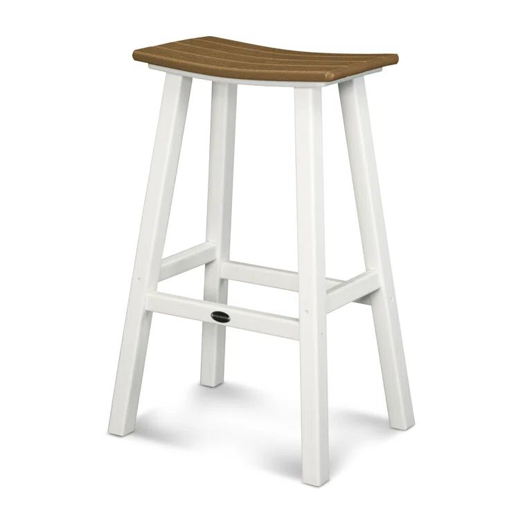 White and Teak Saddle Bar Stool with Scooped Seat
