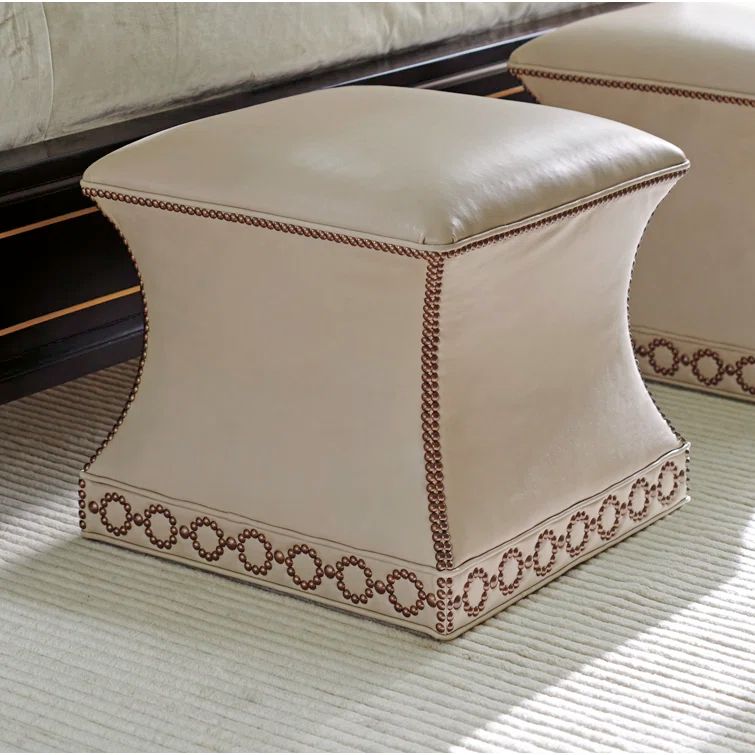 Carlyle Square Beige Genuine Leather Ottoman with Black Wood Legs