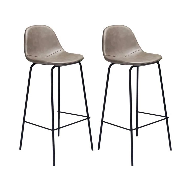 Modern Smoke Gray Faux Leather and Metal Barstool Set of 2