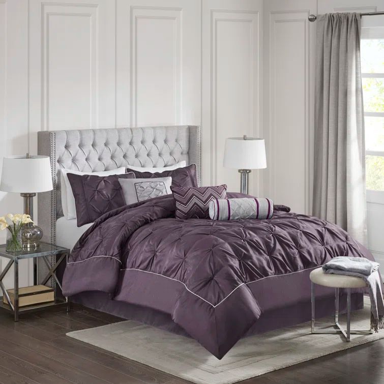 Plum Tufted 7-Piece Full Comforter Set with Fold Embellishment