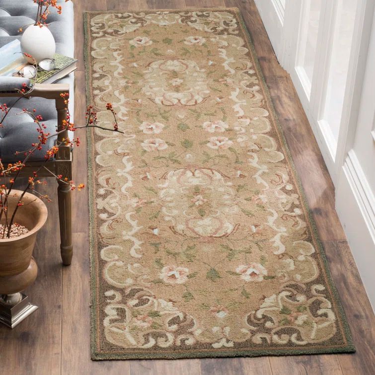 Beige and Brown Floral Wool Reversible Rug, 2' 6" x 10'