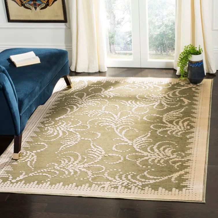 Green and Ivory Tufted Floral Wool Area Rug