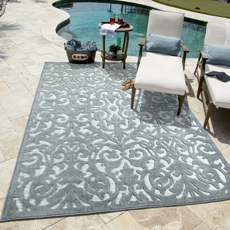 Harbor Blue and Gray Synthetic Stain-Resistant Outdoor Area Rug