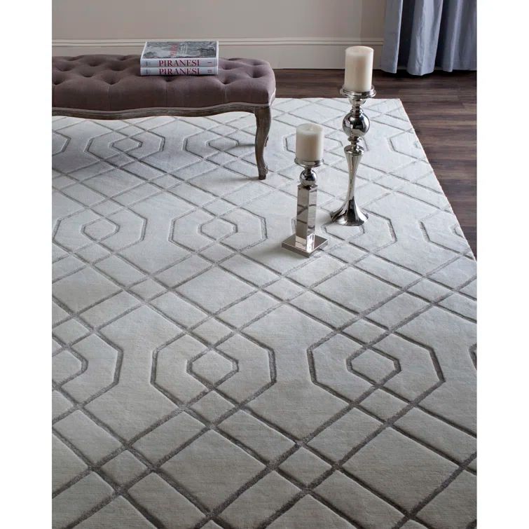 Ivory Geometric Hand-Knotted Wool 6' x 9' Rug