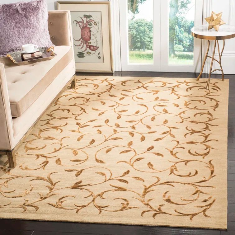 Elegant Gold Geometric 4' x 6' Hand-Knotted Wool and Silk Rug
