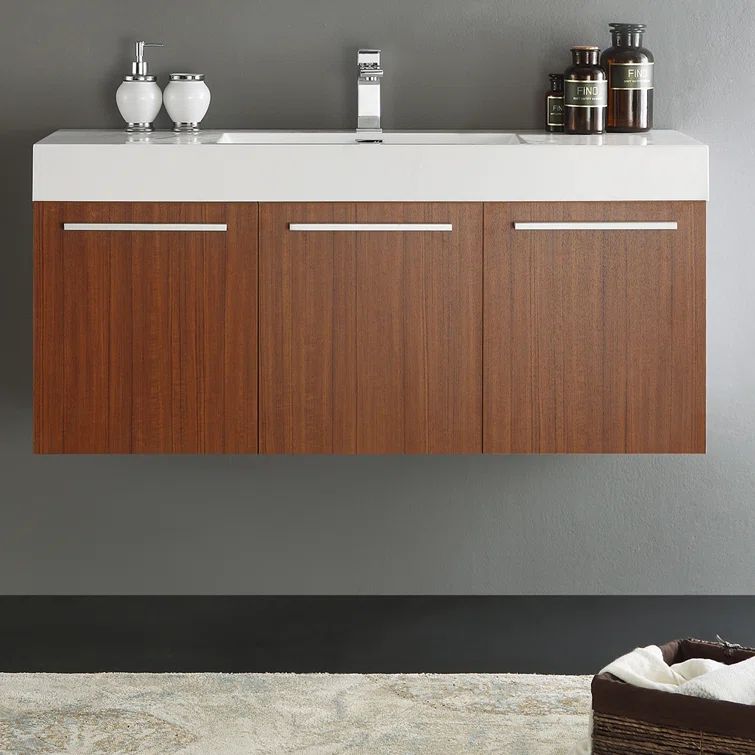Vista 48" Teak Wall-Mounted Single Sink Vanity with Acrylic Top