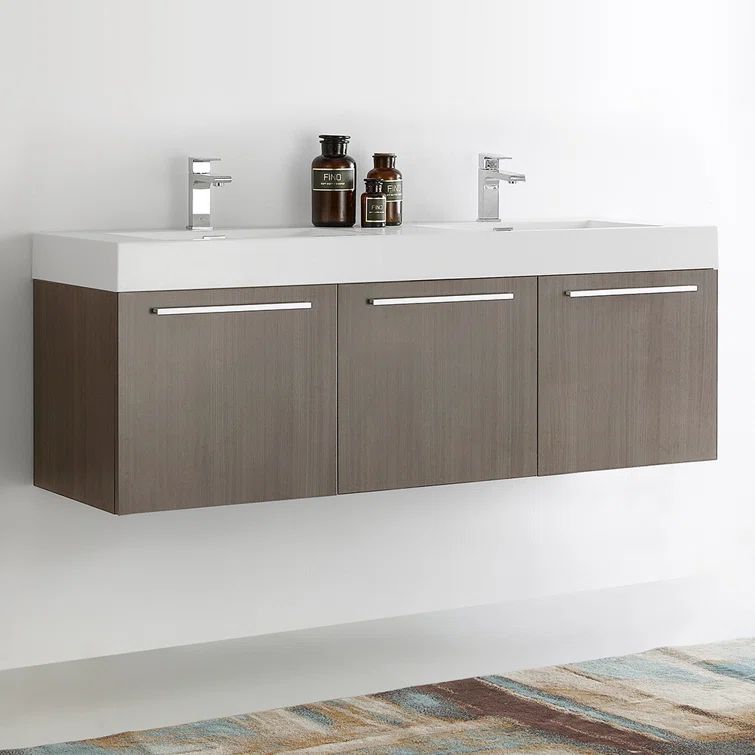 Vista 60'' Gray Oak Wall Mounted Double Vanity with Acrylic Top