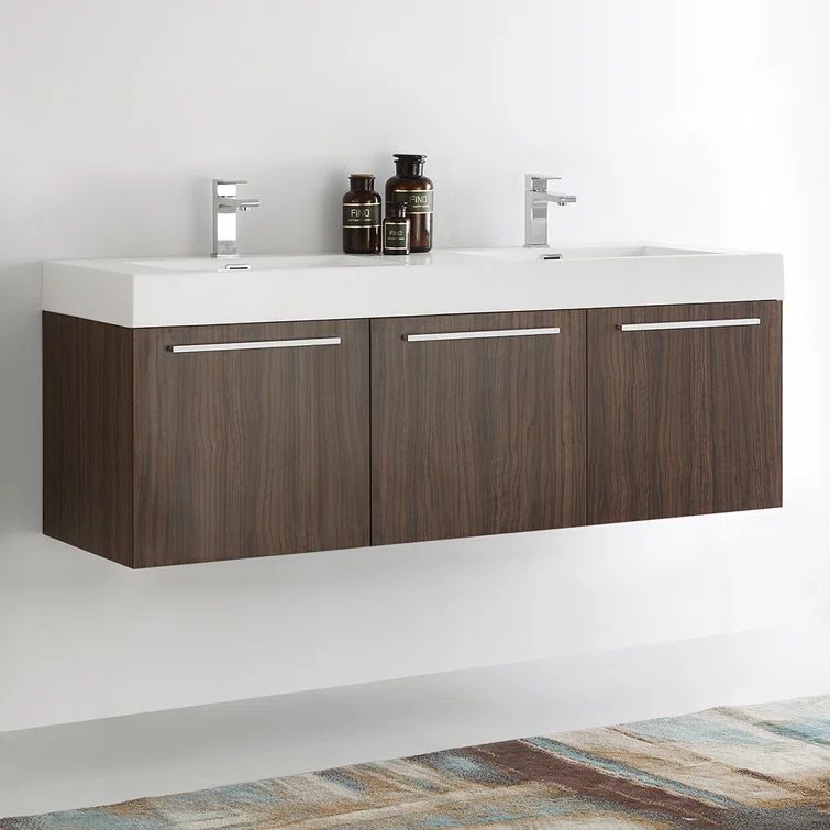 Vista 60'' Walnut Wall Mounted Double Vanity with Acrylic Top