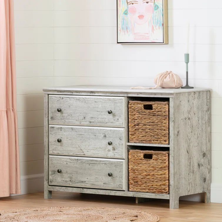 Seaside Pine Cottage-Style 3-Drawer Dresser with Baskets