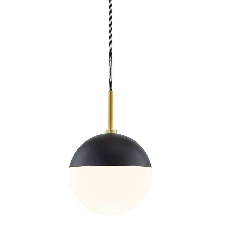 Aged Brass and Black Opal Glass Globe Pendant Light