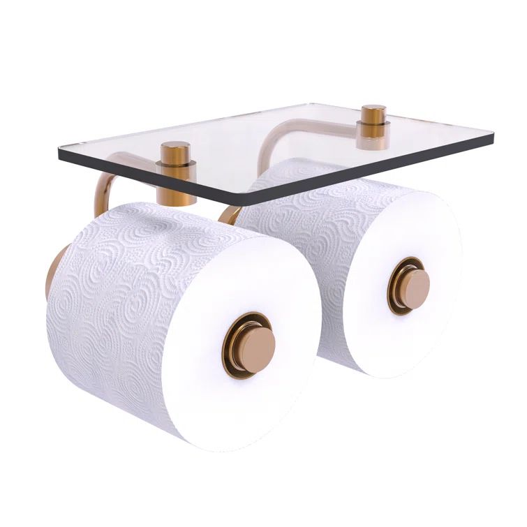 Brushed Bronze Dual Roll Toilet Paper Holder with Glass Shelf