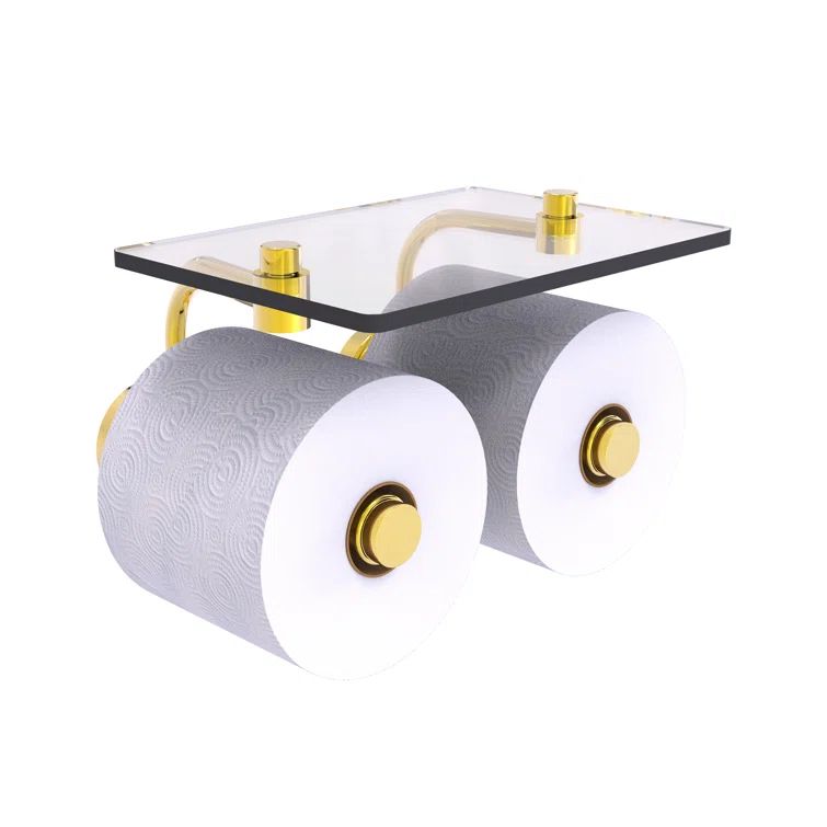 Polished Brass Dual Roll Toilet Paper Holder with Glass Shelf