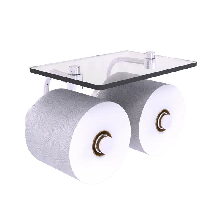 Polished Chrome Dual Roll Toilet Paper Holder with Glass Shelf